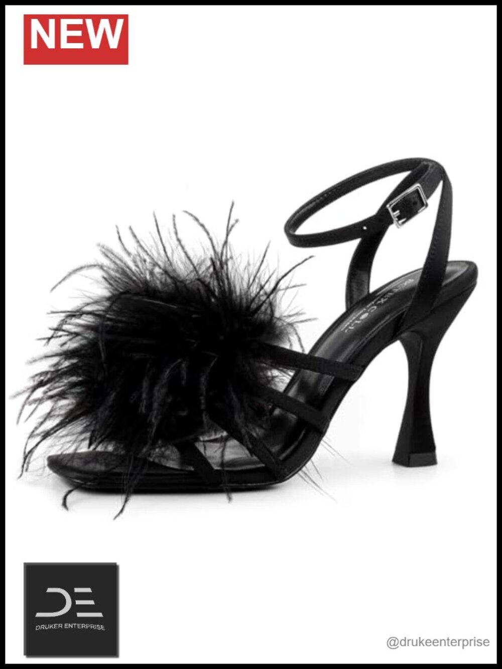 Women's Heeled Sandals Fluffy Feather Square Open Toe High Heels Satin Ankle